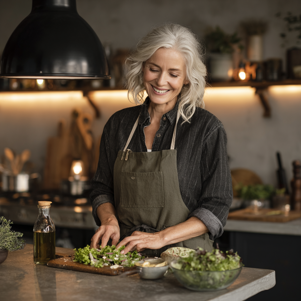 Mujer de 55 años sonriendo mientras prepara una ensalada saludable en su cocina moderna