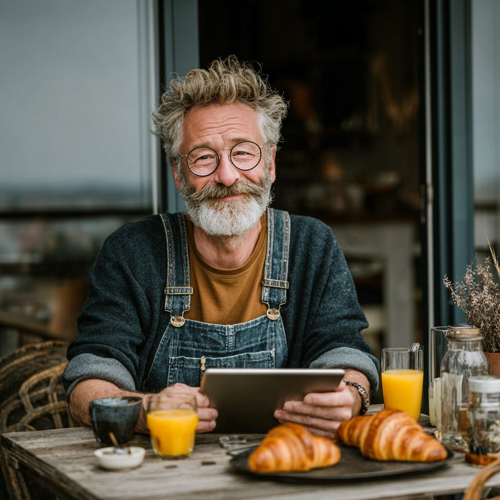 Hombre de 58 años disfrutando de un desayuno nutritivo en su terraza, sonriendo mientras lee en su tablet