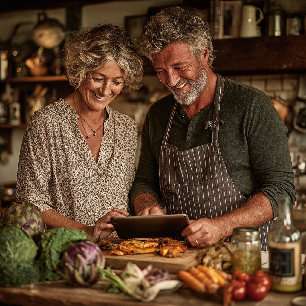 Pareja de 52 y 56 años cocinando juntos una receta saludable en su cocina, siguiendo instrucciones de su tablet
